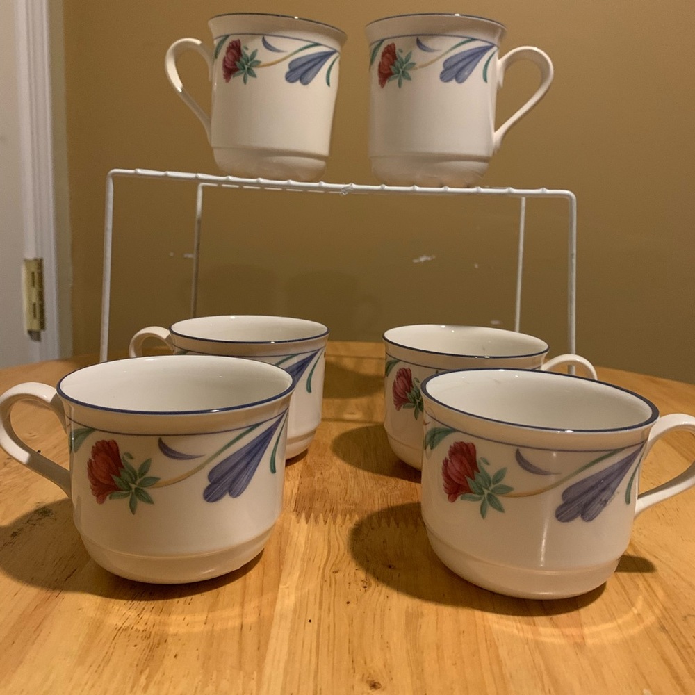 6 Lenox China Stone Poppies In Blue Coffee Cups